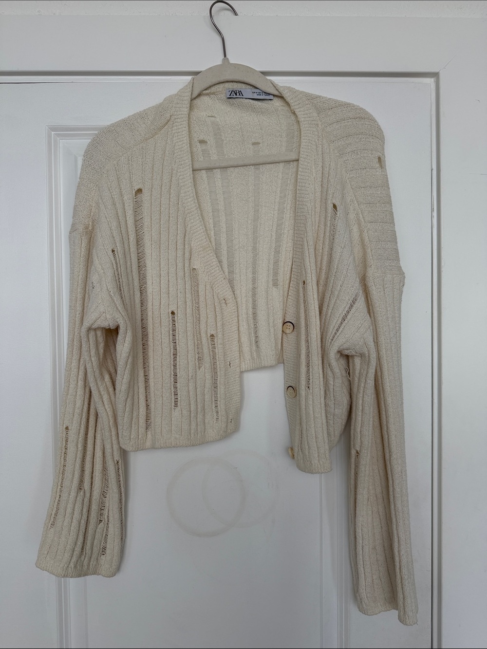 Zara Cream Ribbed Cropped Button Cardigan